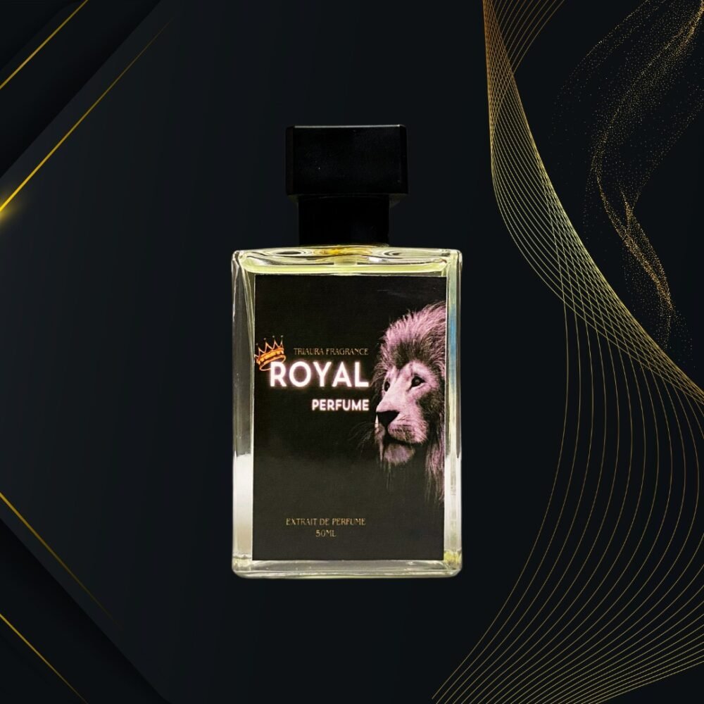 A rectangular glass bottle of perfume labeled "ROYAL Perfume" with a lion illustration on a black label, placed against a dark, luxurious background with golden abstract lines.