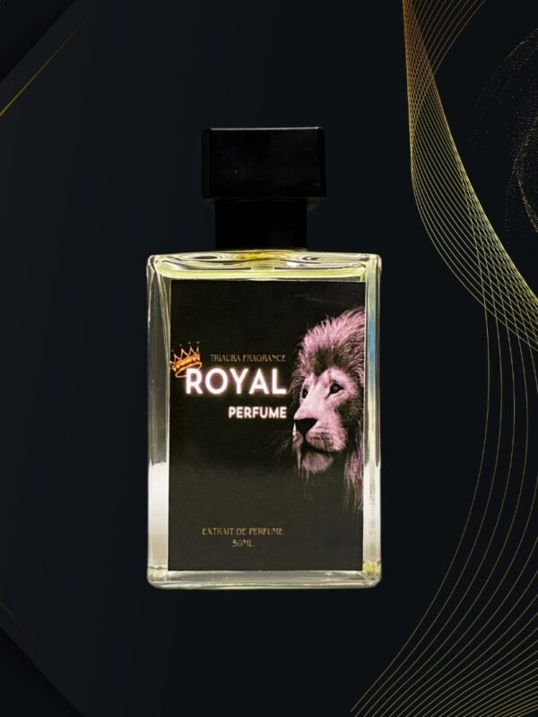 A rectangular glass bottle of perfume labeled "ROYAL Perfume" with a lion illustration on a black label, placed against a dark, luxurious background with golden abstract lines.