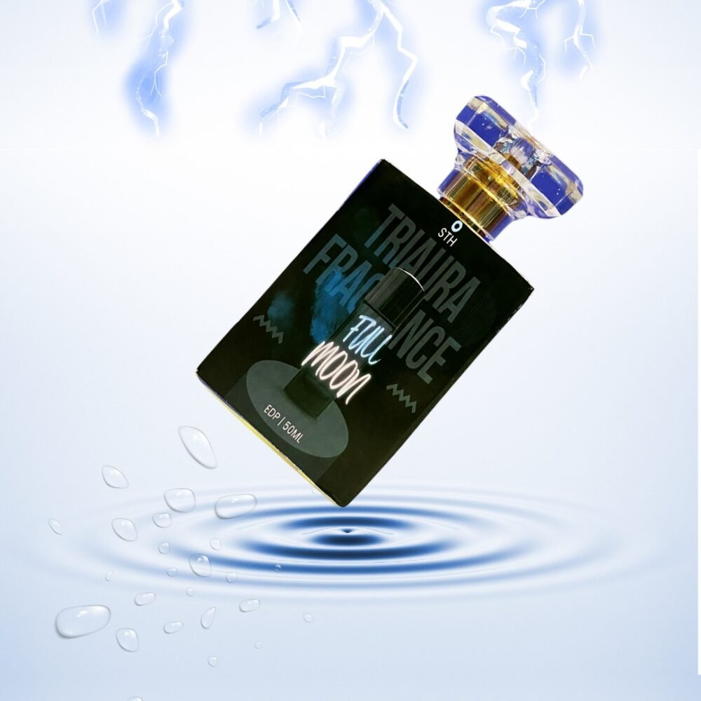 A tilted perfume bottle labeled "FULL MOON" by Thaura Fragrance, floating above a ripple effect with water droplets and lightning in the background, creating a cool and electric ambiance.