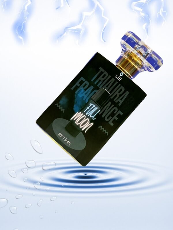 A tilted perfume bottle labeled "FULL MOON" by Thaura Fragrance, floating above a ripple effect with water droplets and lightning in the background, creating a cool and electric ambiance.