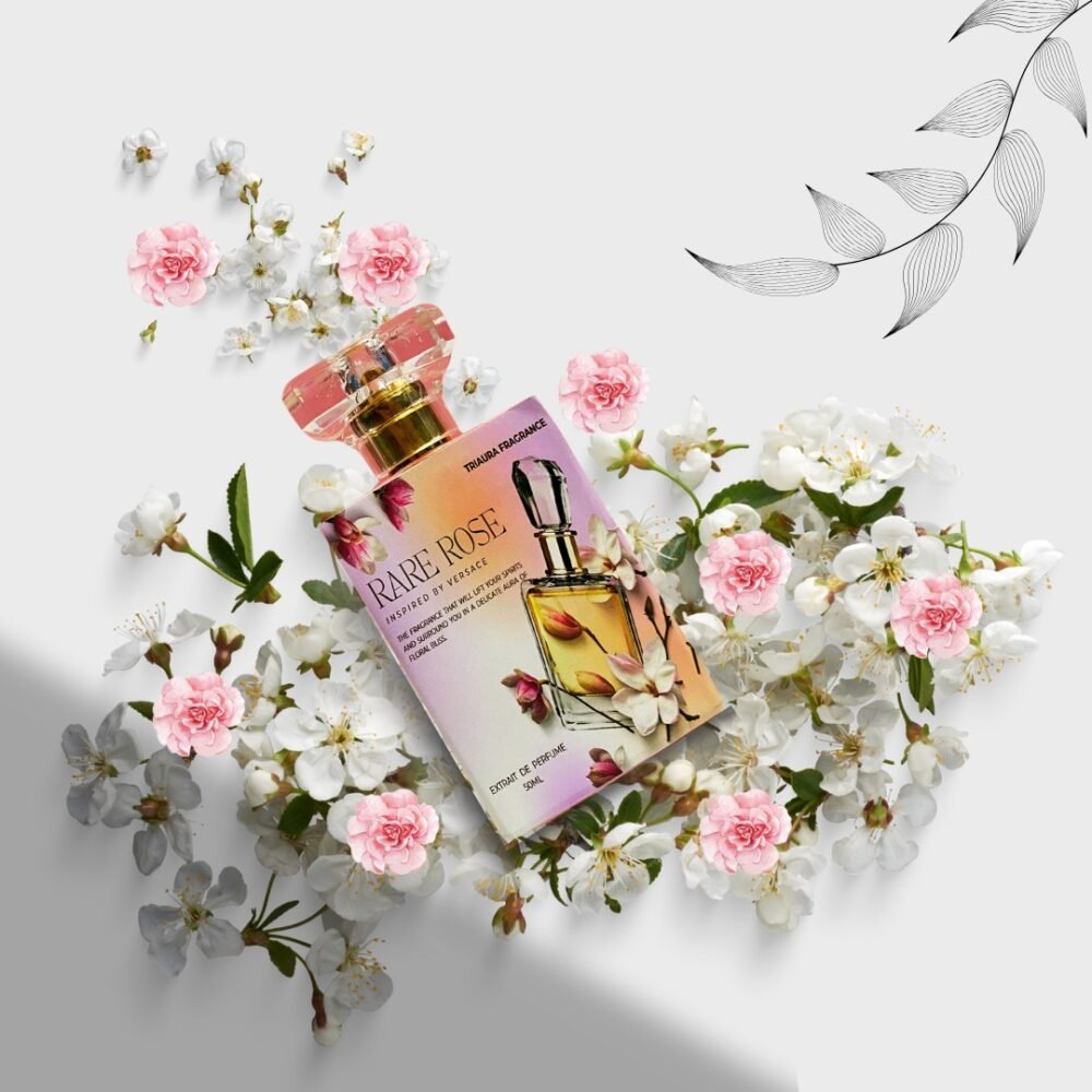 A floral-themed perfume bottle labeled "RARE ROSE" by Thaura Fragrance, inspired by Versace, surrounded by pink and white blossoms on a light gray background with delicate leaf illustrations.