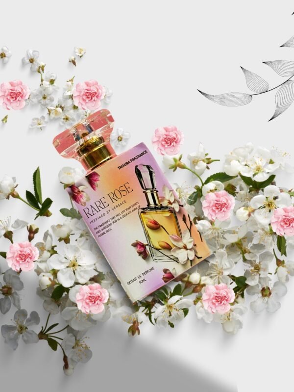 A floral-themed perfume bottle labeled "RARE ROSE" by Thaura Fragrance, inspired by Versace, surrounded by pink and white blossoms on a light gray background with delicate leaf illustrations.