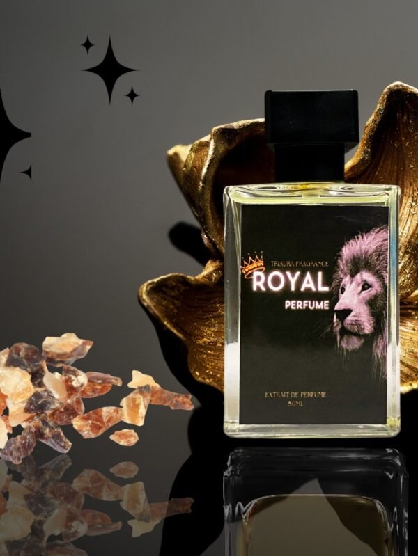 A luxury perfume bottle labeled “ROYAL” with a lion graphic, placed in front of a golden floral backdrop on a glossy black surface, with scattered amber resin stones and glowing star accents.