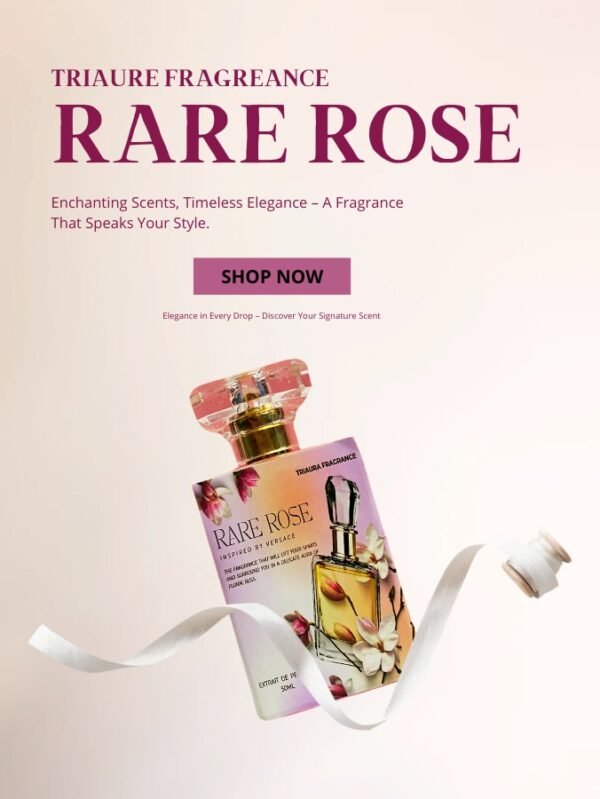 A beautifully designed pink and gold perfume bottle labeled "RARE ROSE" adorned with floral artwork and a crystal-cut cap, floating with a white ribbon on a soft pink background.