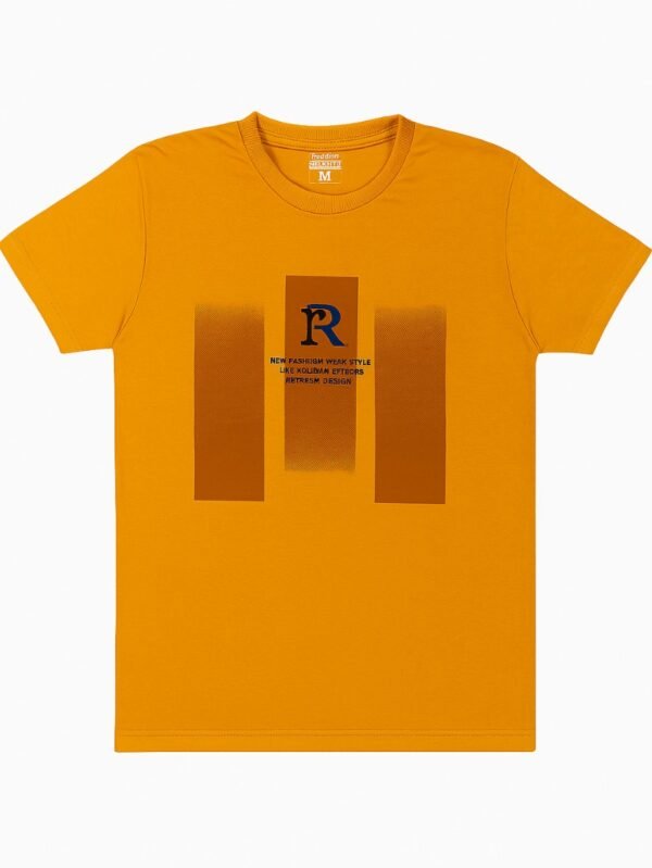 Mustard yellow t-shirt with modern block print and central "R" logo design