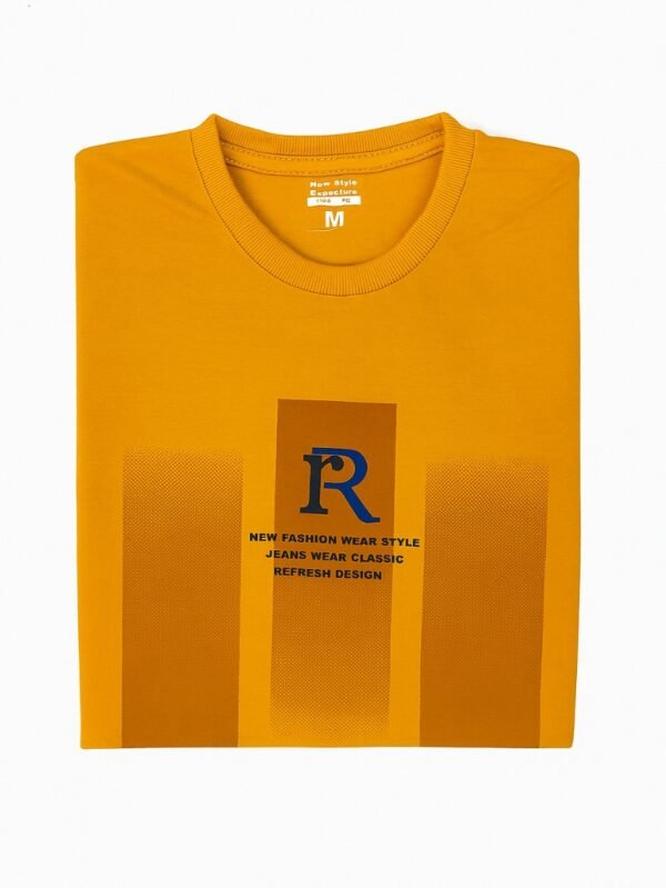 Mustard yellow t-shirt with modern block print and central "R" logo design