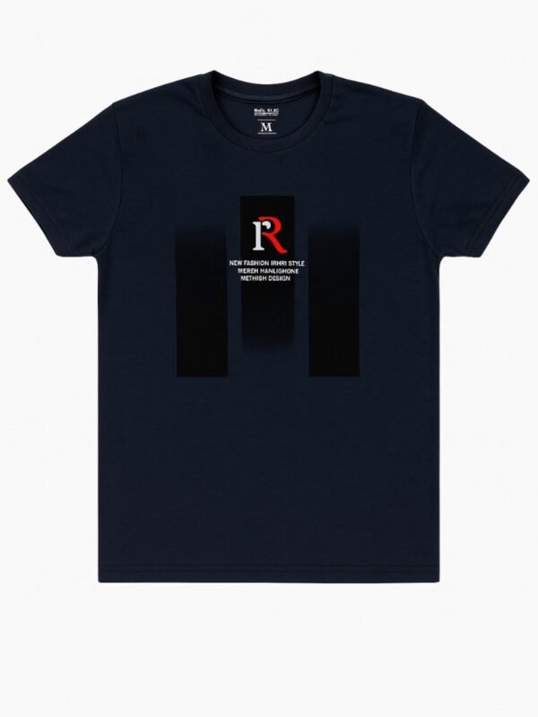 Black cotton t-shirt with abstract graphic print and red "R" logo at chest.