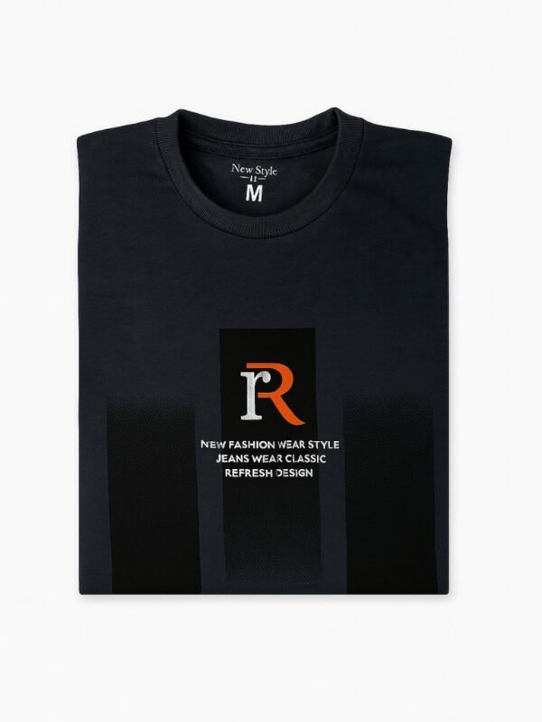 Black cotton t-shirt with abstract graphic print and red "R" logo at chest.