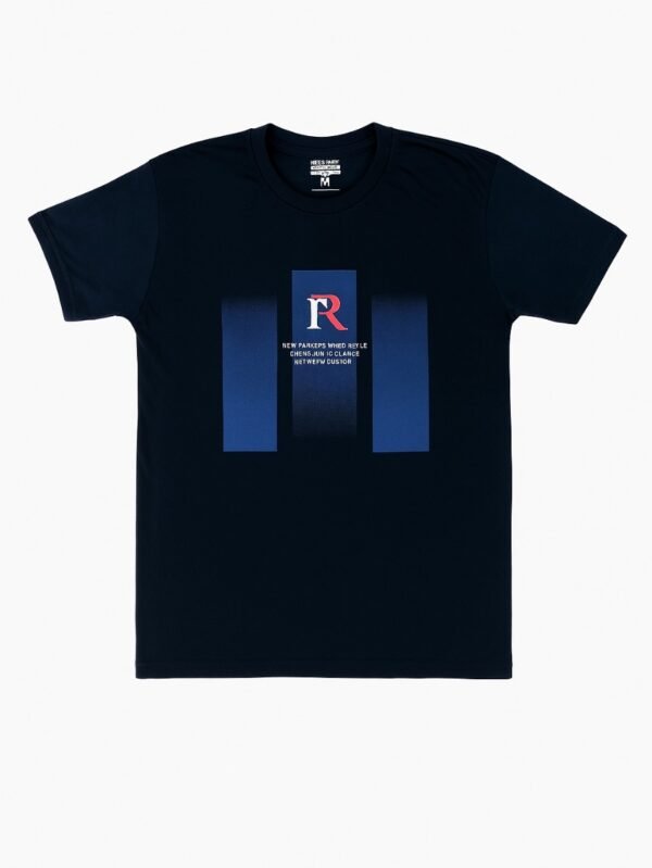 Navy blue cotton t-shirt with modern blue abstract graphic and red "R" logo printed on chest.