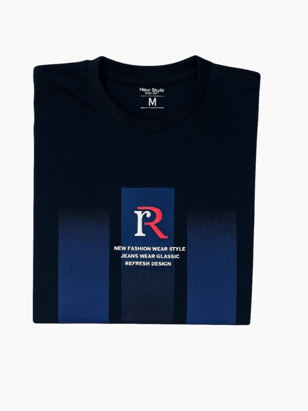 Navy blue cotton t-shirt with modern blue abstract graphic and red "R" logo printed on chest.