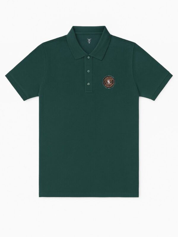 Green short-sleeve polo shirt with embroidered logo patch on the chest, featuring a three-button placket and ribbed collar.