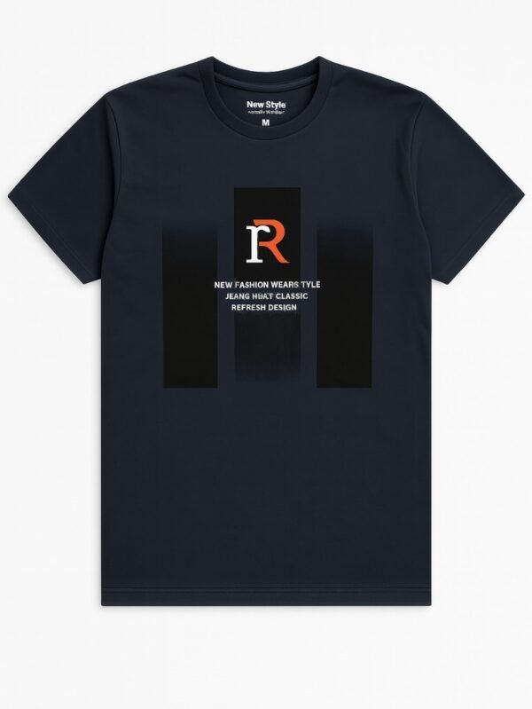 Flat-lay navy blue t-shirt with bold orange and white “R” logo graphic and white modern text in center panel design.