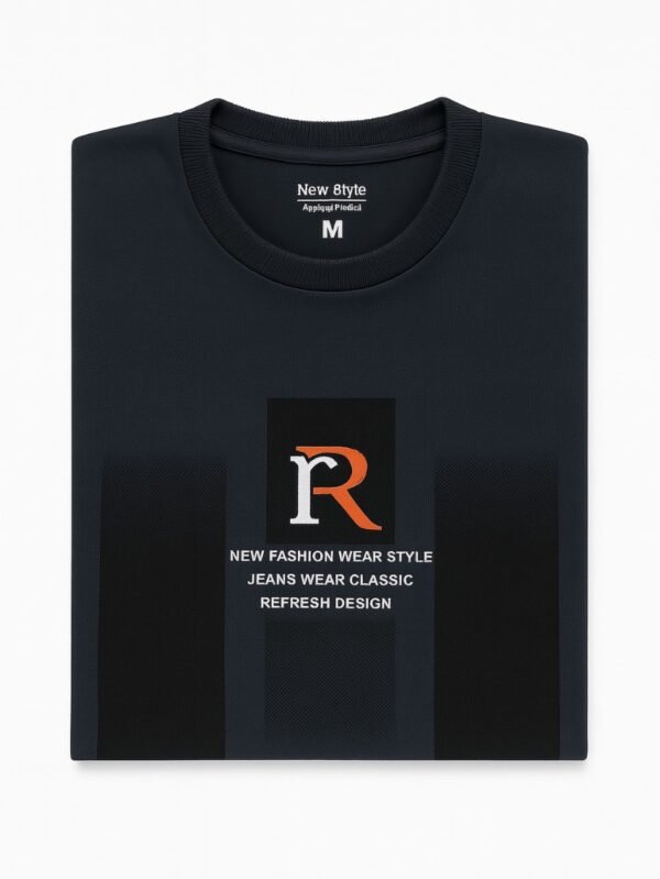 Flat-lay navy blue t-shirt with bold orange and white “R” logo graphic and white modern text in center panel design.