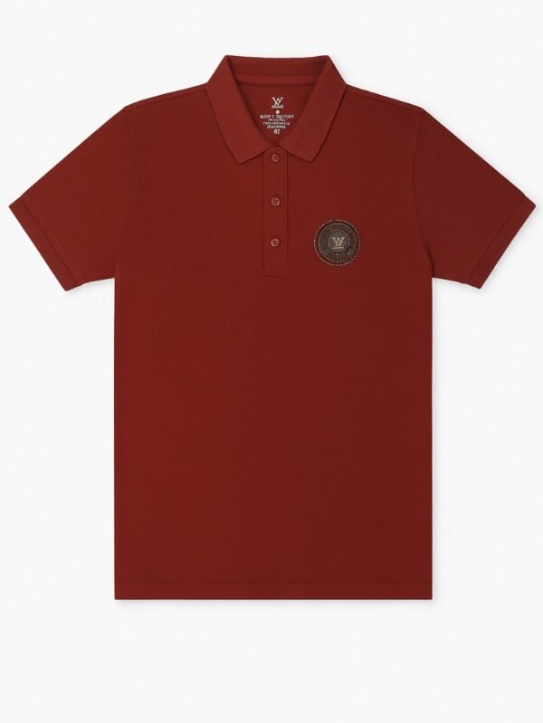 Maroon polo shirt with three-button placket and embroidered circular logo patch on the chest.