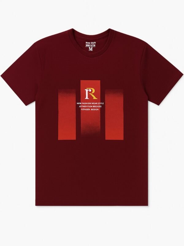 Folded maroon graphic t-shirt with ribbed collar and bold orange vertical stripes featuring "R" logo and modern fashion text.