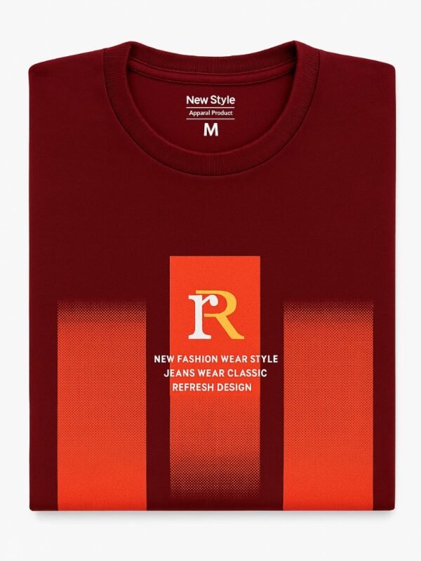 Folded maroon graphic t-shirt with ribbed collar and bold orange vertical stripes featuring "R" logo and modern fashion text.