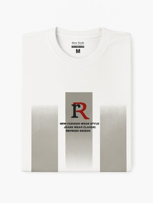 White cotton t-shirt with abstract graphic print and typography on chest featuring red "R" logo.