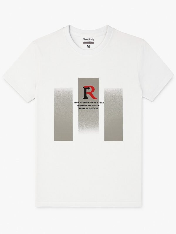 White cotton t-shirt with abstract graphic print and typography on chest featuring red "R" logo.